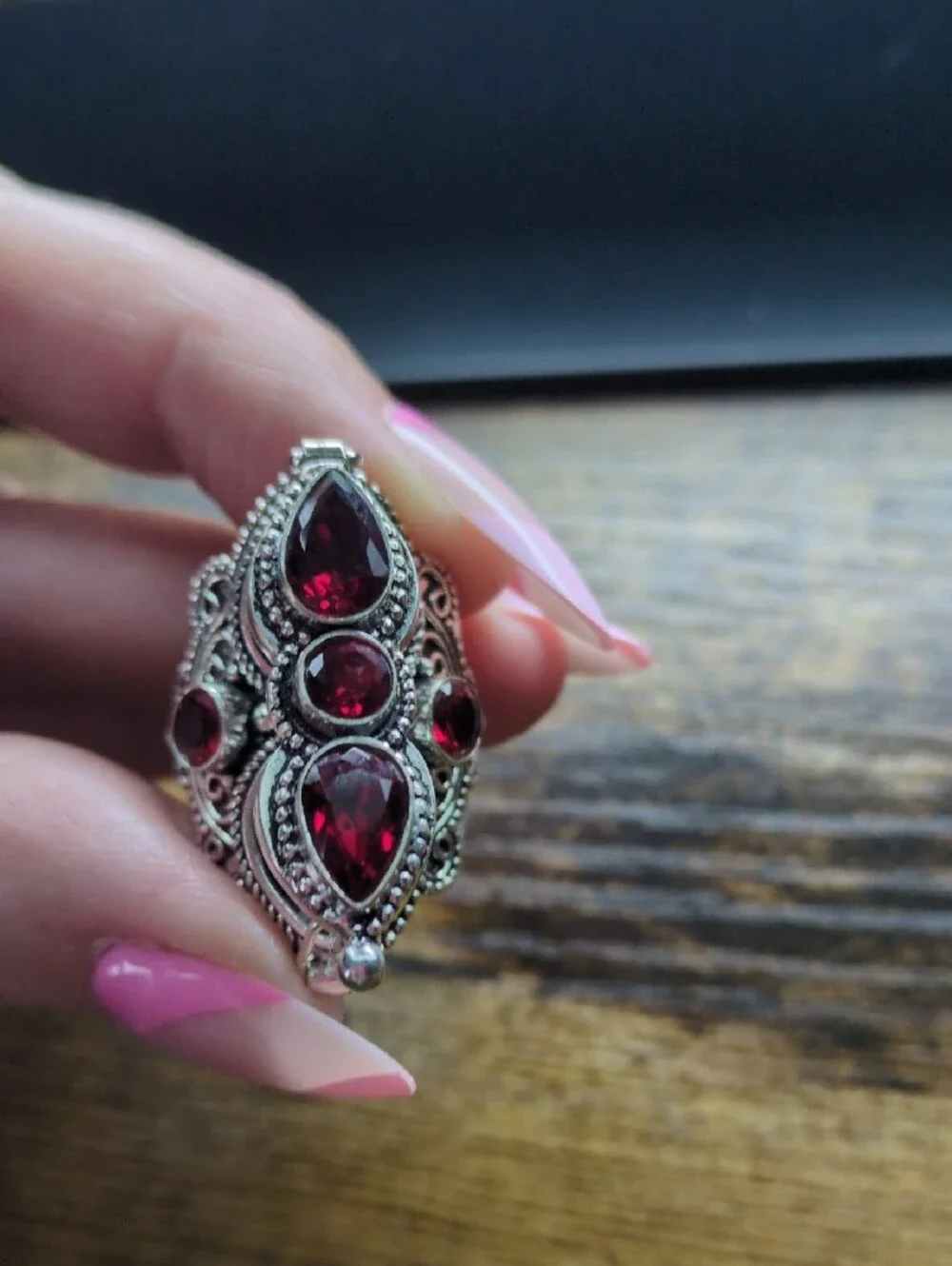 Vintage-Inspired Locket/Poison Ring with Red Garnet Stones+925 Silver